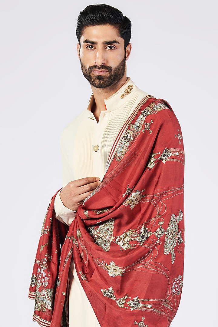 Cherry Twill Silk & Faux Leather Printed Stole by S&N by Shantnu Nikhil Men at Pernia's Pop Up Shop