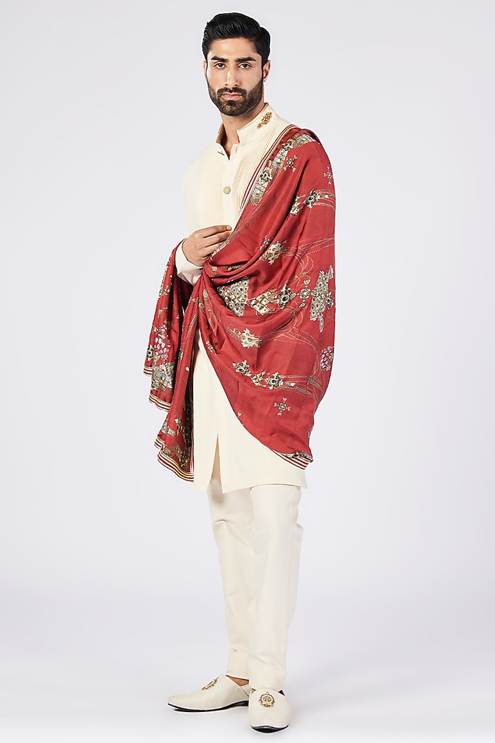Cherry Twill Silk & Faux Leather Printed Stole by S&N by Shantnu Nikhil Men at Pernia's Pop Up Shop