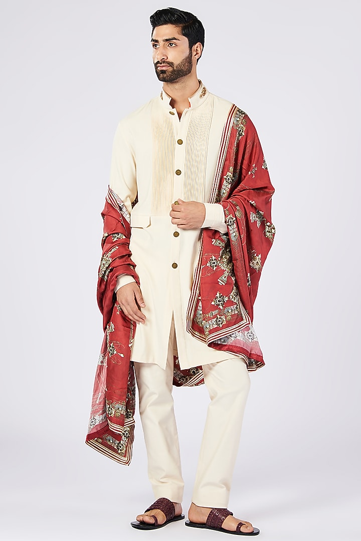Cherry Twill Silk & Faux Leather Printed Stole by S&N by Shantnu Nikhil Men at Pernia's Pop Up Shop