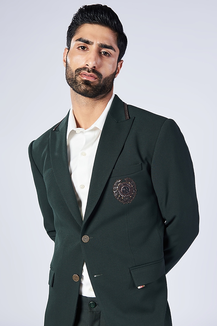 Green Viscose & Lycra Embroidered Jacket by S&N by Shantnu Nikhil Men at Pernia's Pop Up Shop