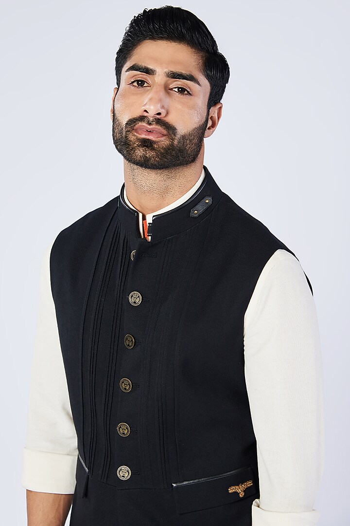 Black Poly Blend & Lycra Embroidered Waistcoat by S&N by Shantnu Nikhil Men at Pernia's Pop Up Shop