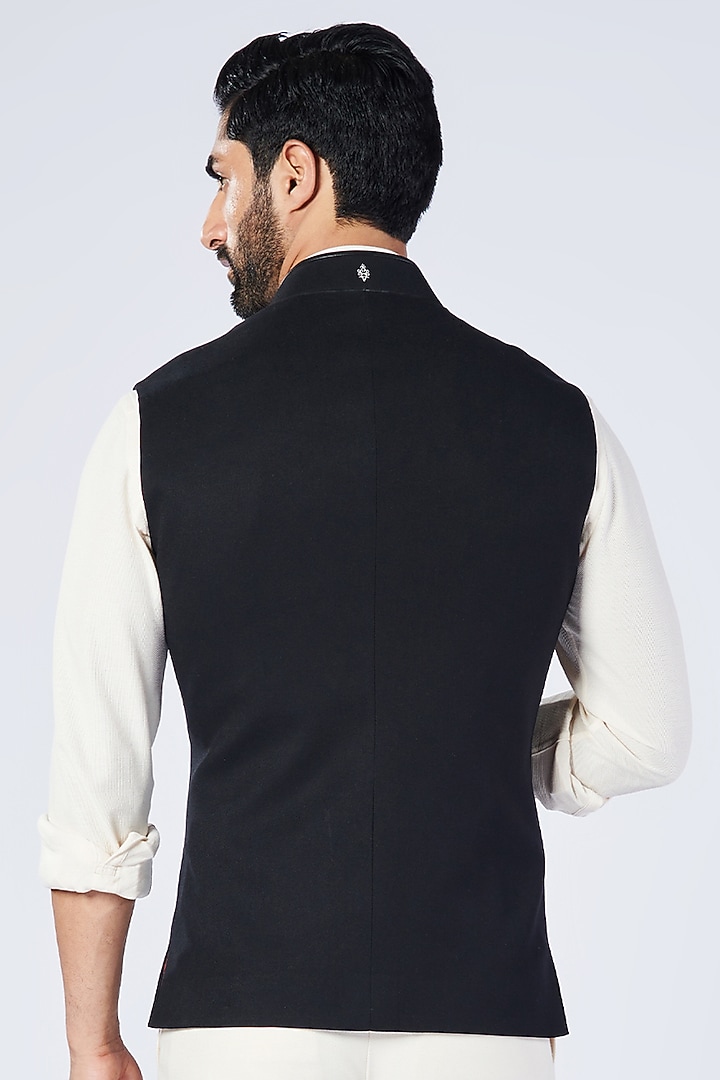 Black Poly Blend & Lycra Embroidered Waistcoat by S&N by Shantnu Nikhil Men at Pernia's Pop Up Shop