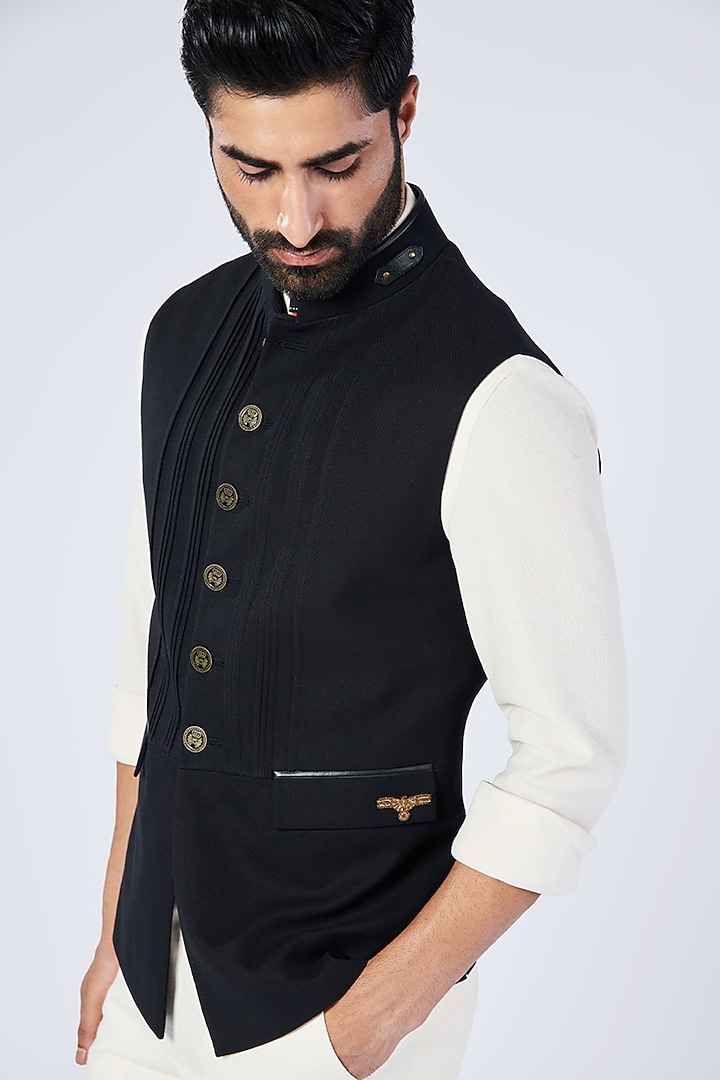 Black Poly Blend & Lycra Embroidered Waistcoat by S&N by Shantnu Nikhil Men at Pernia's Pop Up Shop