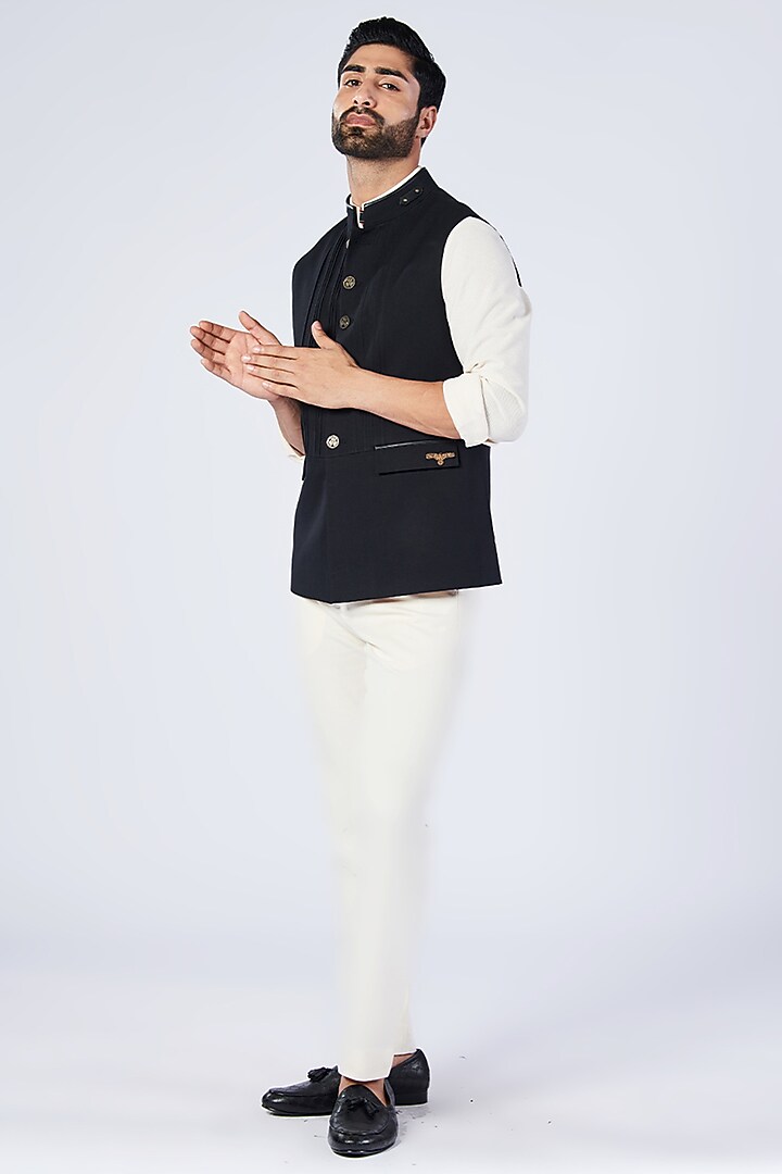 Black Poly Blend & Lycra Embroidered Waistcoat by S&N by Shantnu Nikhil Men at Pernia's Pop Up Shop