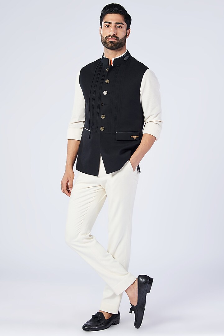 Black Poly Blend & Lycra Embroidered Waistcoat by S&N by Shantnu Nikhil Men at Pernia's Pop Up Shop