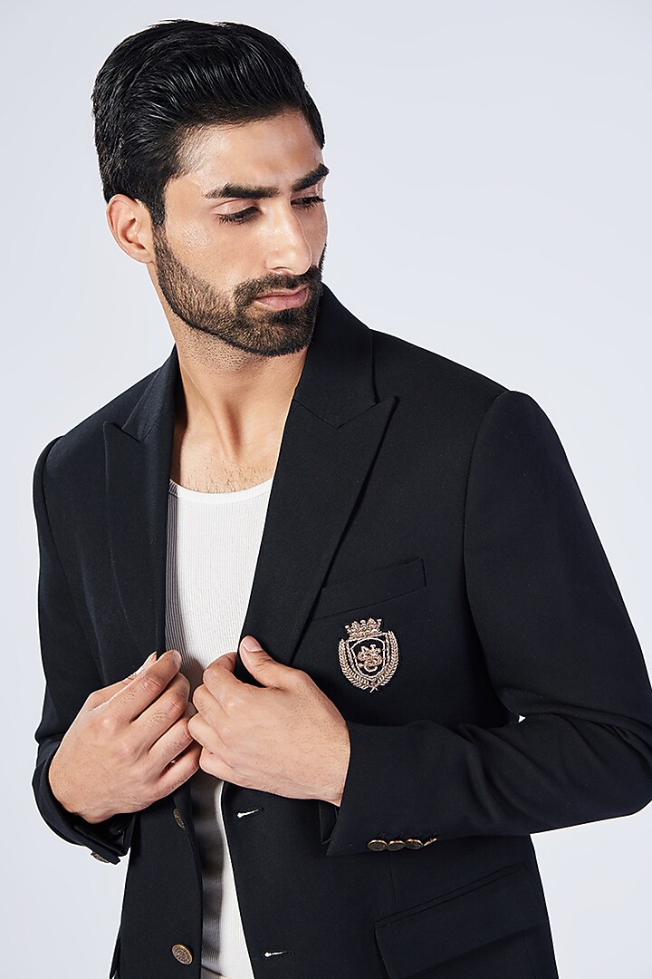 Black Poly Blend & Lycra Jacket by S&N by Shantnu Nikhil Men at Pernia's Pop Up Shop