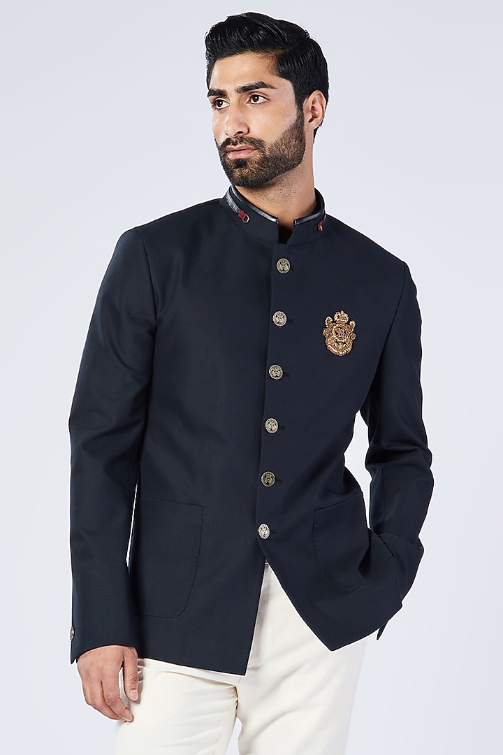 Black Cotton & Lycra Wedding Bandhgala by S&N by Shantnu Nikhil Men at Pernia's Pop Up Shop