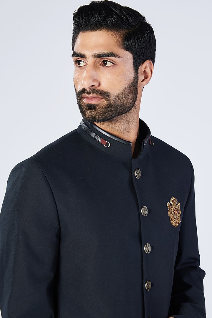 Black Cotton & Lycra Wedding Bandhgala by S&N by Shantnu Nikhil Men at Pernia's Pop Up Shop