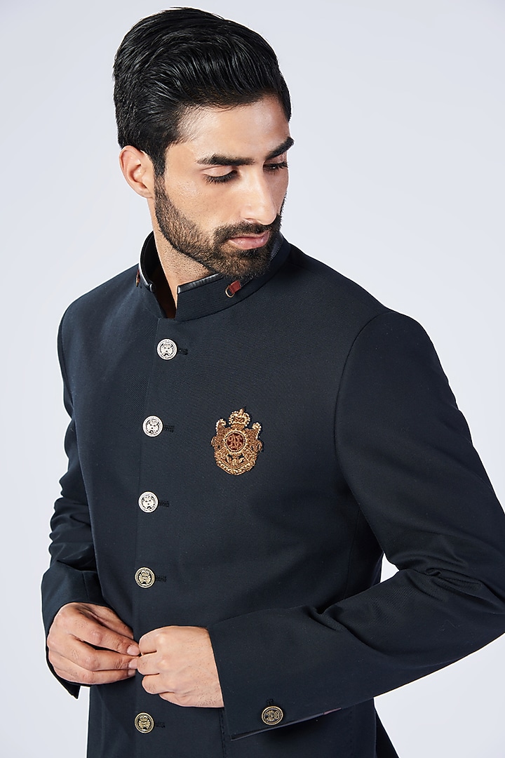 Black Cotton & Lycra Wedding Bandhgala by S&N by Shantnu Nikhil Men at Pernia's Pop Up Shop