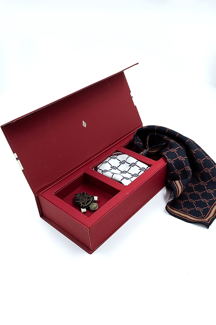 Black & Off-White Silk Printed Pocket Square & Brooch Gift Set Of 3 by S&N by Shantnu Nikhil Men at Pernia's Pop Up Shop