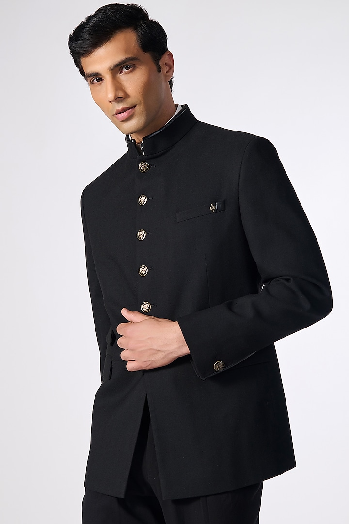 Black Poly Spandex Suiting Bandhgala Jacket by S&N by Shantnu Nikhil Men