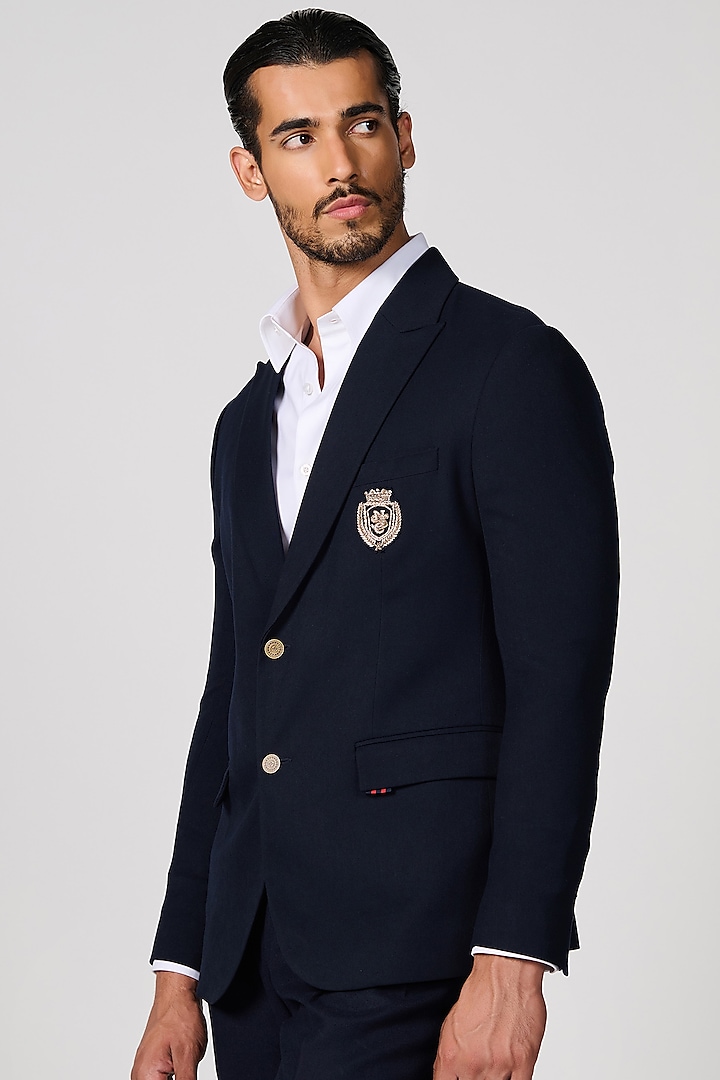 Navy Blue Suiting Crested Jacket by S&N by Shantnu Nikhil Men