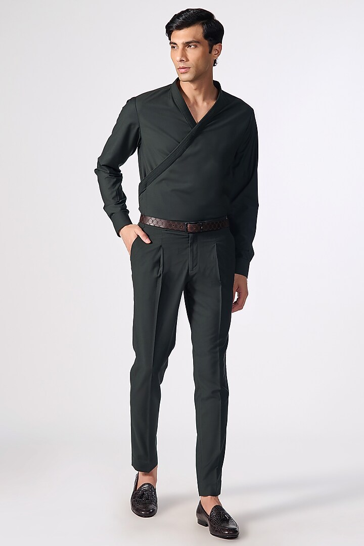 Military Green Terylene & Viscose Draped Wedding Shirt by S&N by Shantnu Nikhil Men at Pernia's Pop Up Shop
