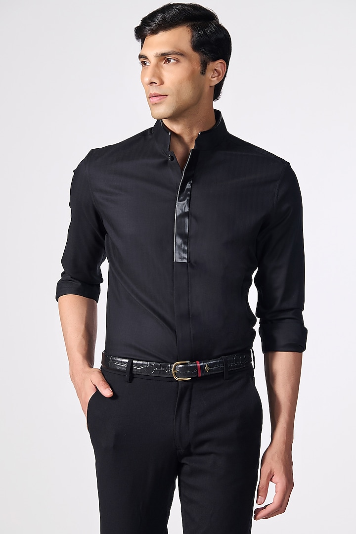 Black Poly Blend & Viscose Shirt by S&N by Shantnu Nikhil Men