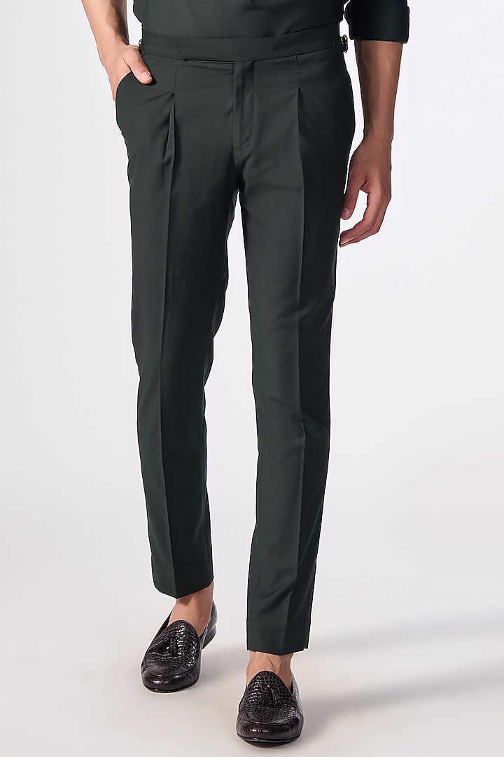 Military Green Viscose & Lycra Trousers by S&N by Shantnu Nikhil Men at Pernia's Pop Up Shop