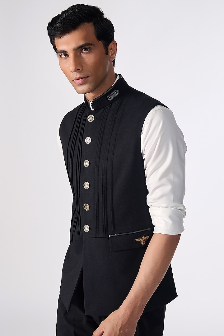 Black Poly Blend & Viscose Waistcoat by S&N by Shantnu Nikhil Men