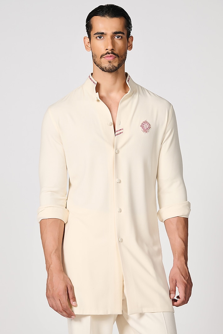 Off-White Terylene & Viscose Shirt Kurta by S&N by Shantnu Nikhil Men