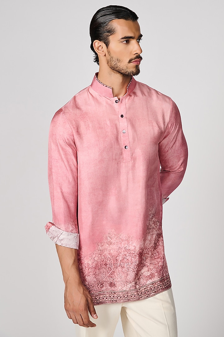 Pink Silk Twill Printed Kurta by S&N by Shantnu Nikhil Men