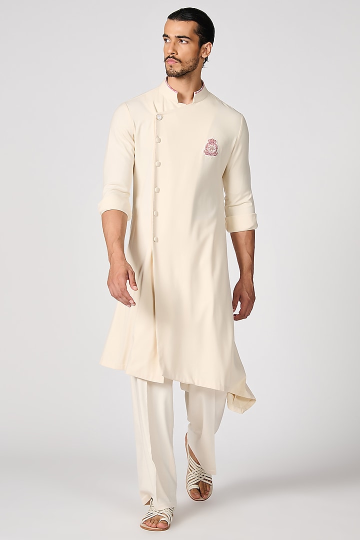 Off-White Brushed Suiting Asymmetric Kurta by S&N by Shantnu Nikhil Men