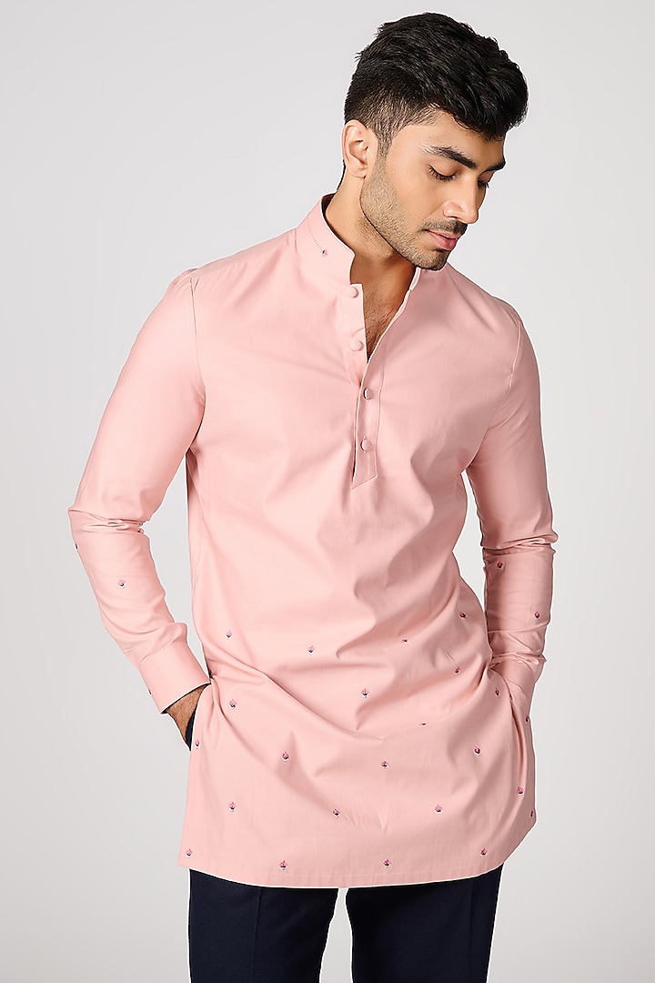 Pink Giza Cotton Embroidered Kurta by S&N by Shantnu Nikhil Men