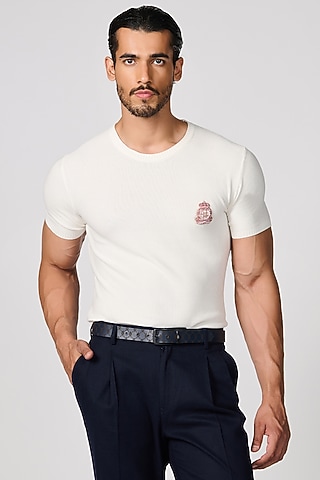 Ecru Viscose Knit T-Shirt by S&N by Shantnu Nikhil Men