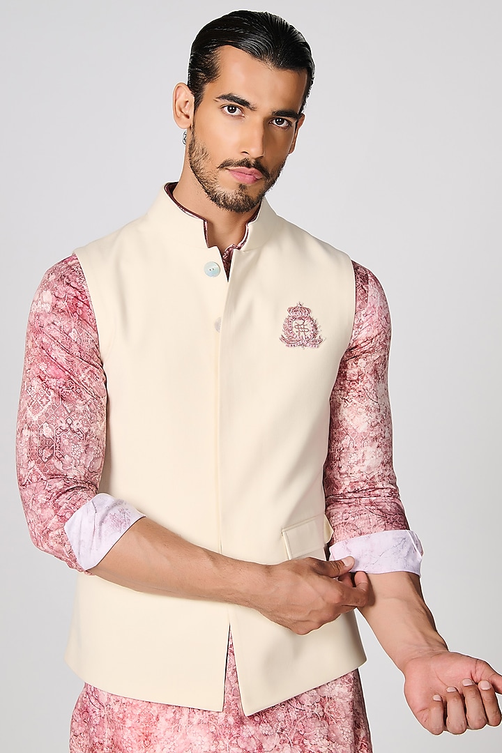 Off-White Brushed Suiting Bundi Jacket Set by S&N by Shantnu Nikhil Men