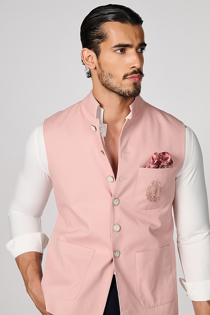 Pink Cotton Twill Bundi Jacket by S&N by Shantnu Nikhil Men