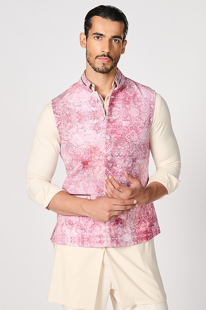 Pink Crepe Jersey Printed Bundi Jacket by S&N by Shantnu Nikhil Men