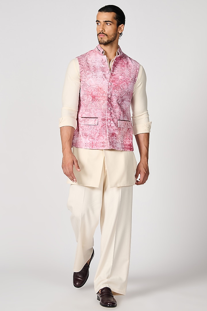 Pink Crepe Jersey Printed Bundi Jacket by S&N by Shantnu Nikhil Men at Pernia's Pop Up Shop