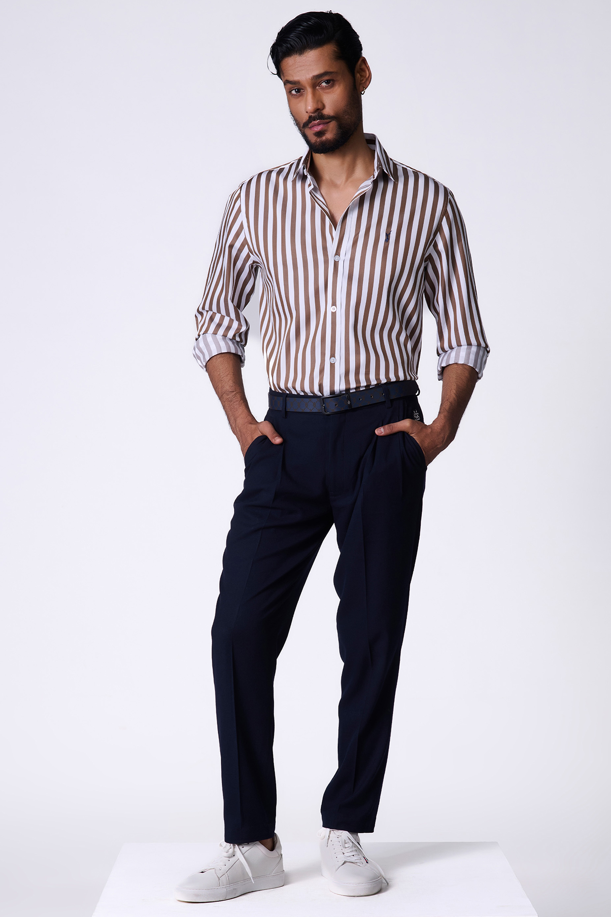 Brown Cotton Batsman Logo Striped Shirt by S&N by Shantnu Nikhil Men