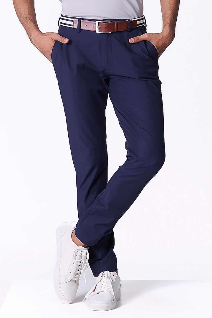 Navy Blue Spandex Trousers by S&N by Shantnu Nikhil Men at Pernia's Pop Up Shop