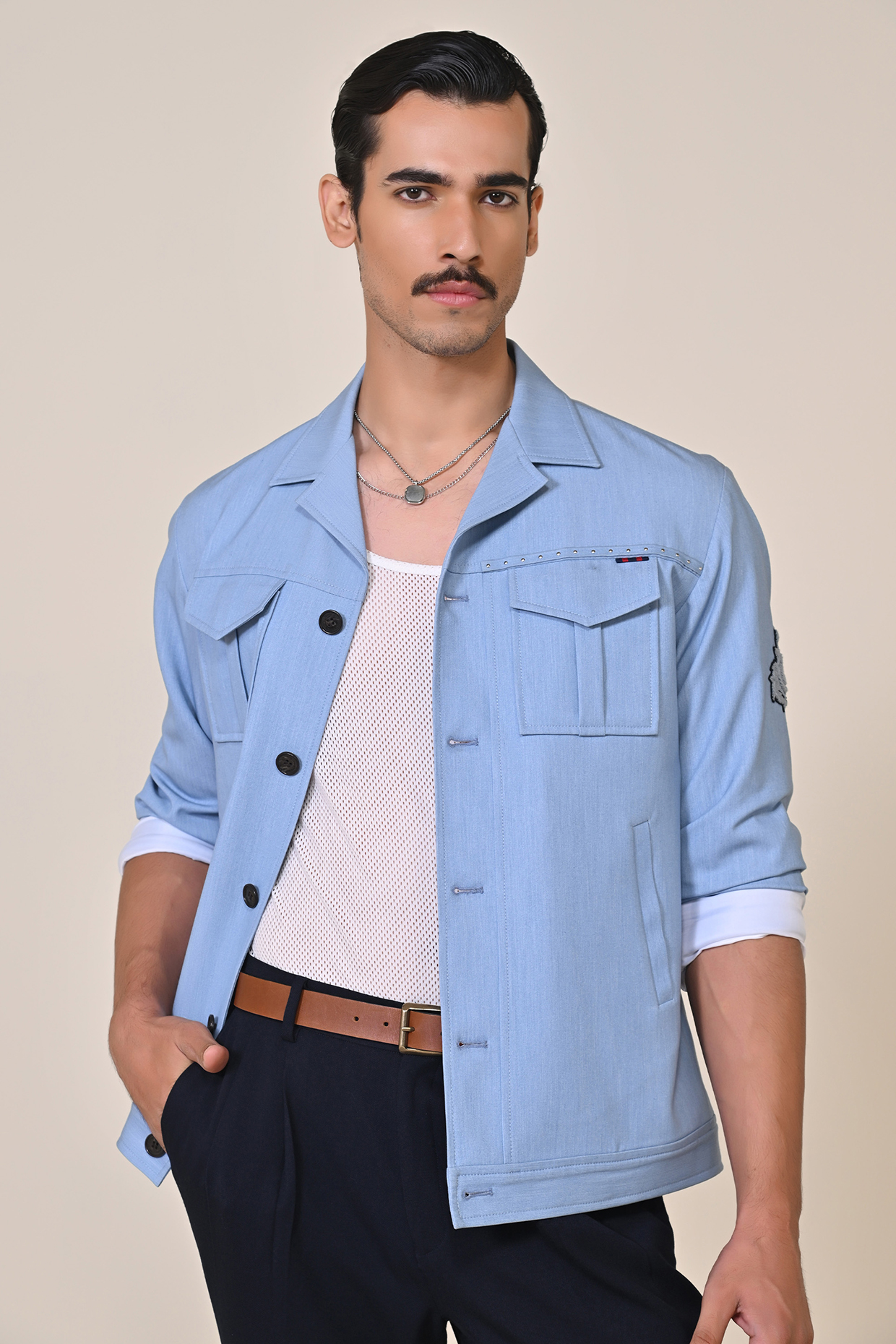 Light Blue Spandex Blend Utility Jacket by S&N by Shantnu Nikhil Men