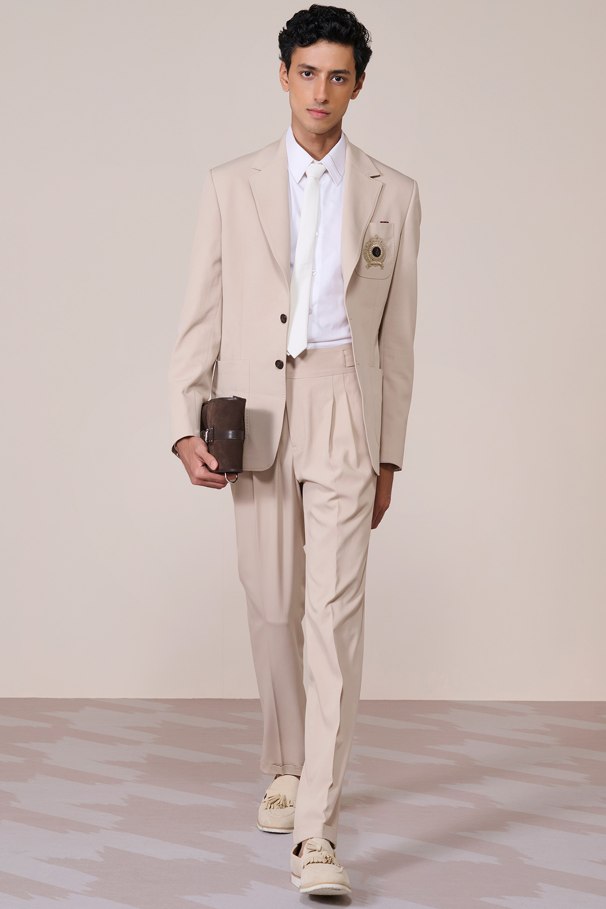 Ecru Rayon Suiting Blend Crest Embroidered Jacket by S&N by Shantnu Nikhil Men