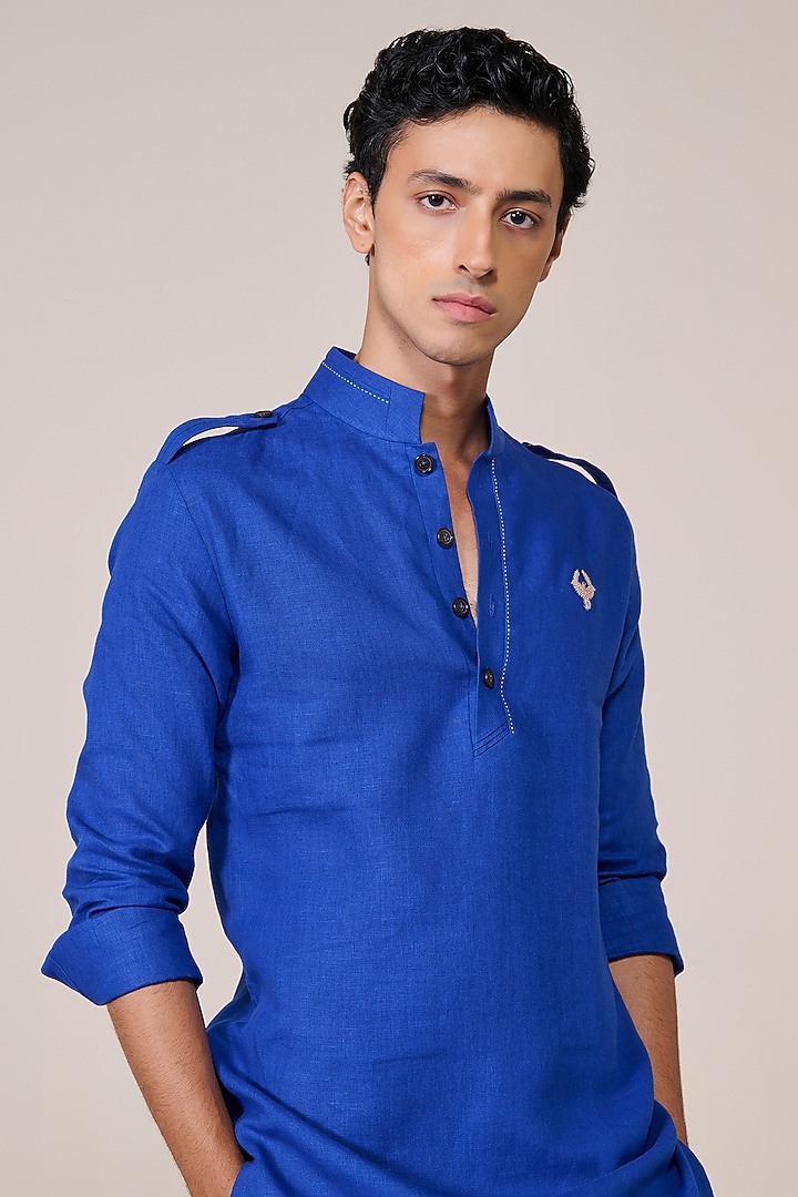 Racer Blue Rayon Linen Suiting Blend Kurta by S&N by Shantnu Nikhil Men at Pernia's Pop Up Shop