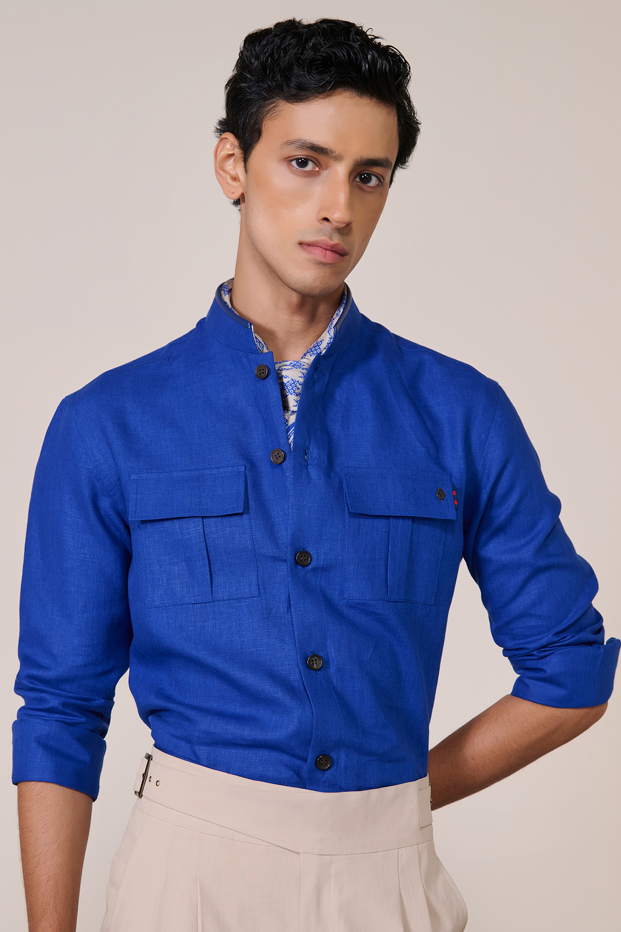 Racer Blue Rayon Linen Suiting Blend Shirt by S&N by Shantnu Nikhil Men