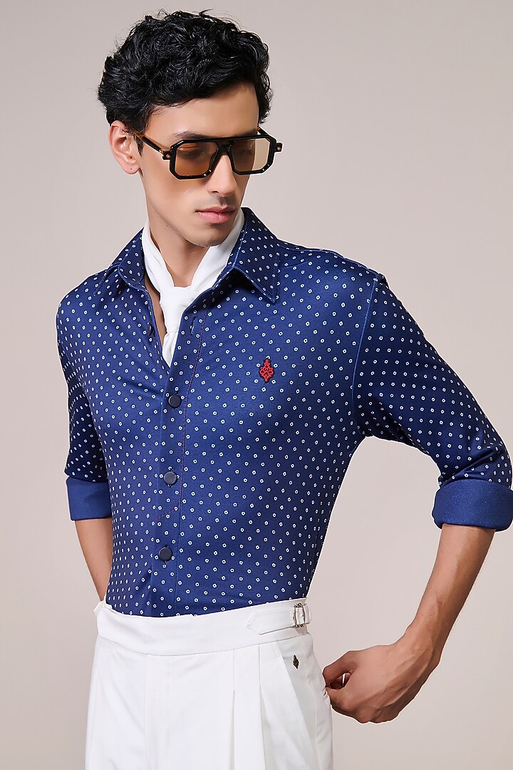 Navy Blue Jersey Blend Houndstooth Printed Wedding Shirt by S&N by Shantnu Nikhil Men at Pernia's Pop Up Shop