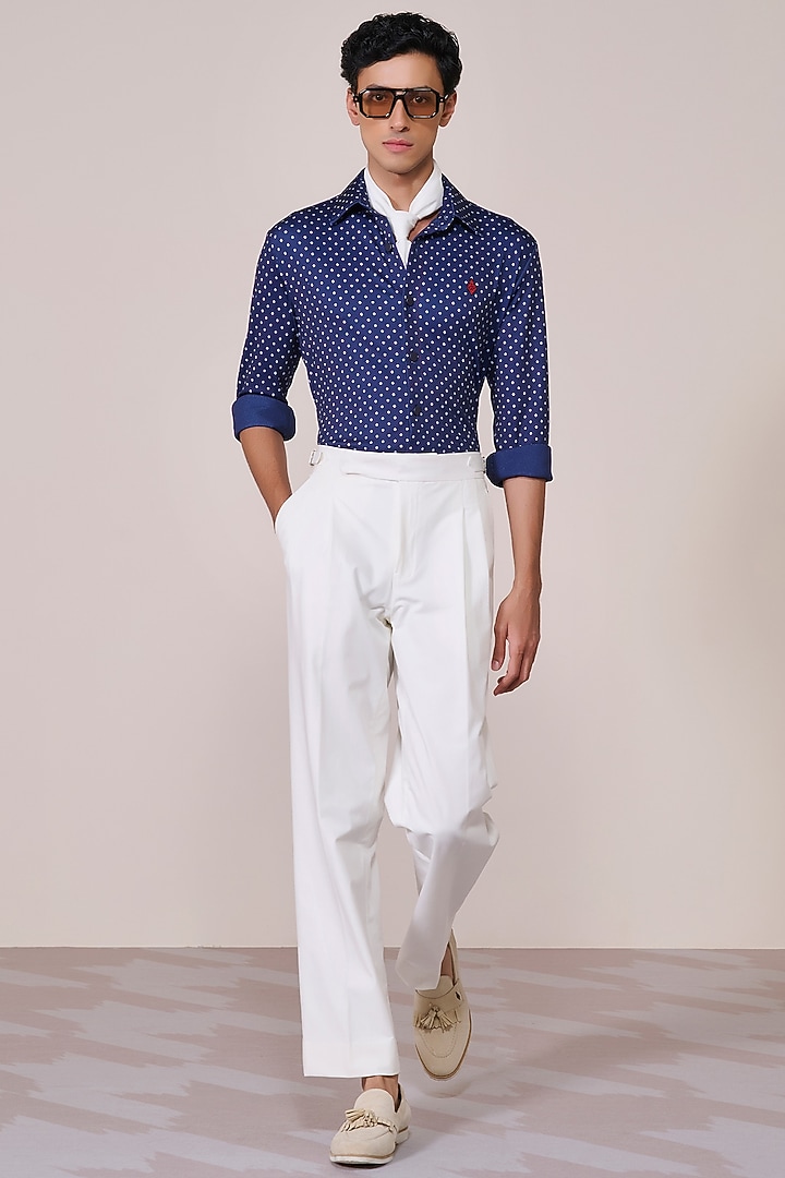 Navy Blue Jersey Blend Houndstooth Printed Wedding Shirt by S&N by Shantnu Nikhil Men at Pernia's Pop Up Shop