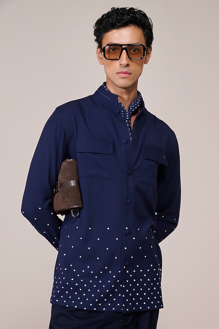 Navy Blue Rayon Suiting Blend Printed Wedding Shirt by S&N by Shantnu Nikhil Men at Pernia's Pop Up Shop