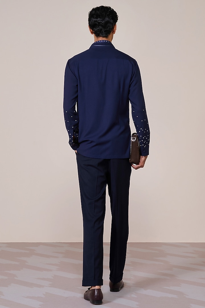 Navy Blue Rayon Suiting Blend Printed Wedding Shirt by S&N by Shantnu Nikhil Men at Pernia's Pop Up Shop