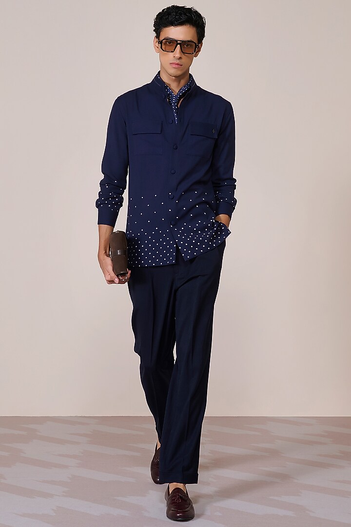 Navy Blue Rayon Suiting Blend Printed Wedding Shirt by S&N by Shantnu Nikhil Men at Pernia's Pop Up Shop