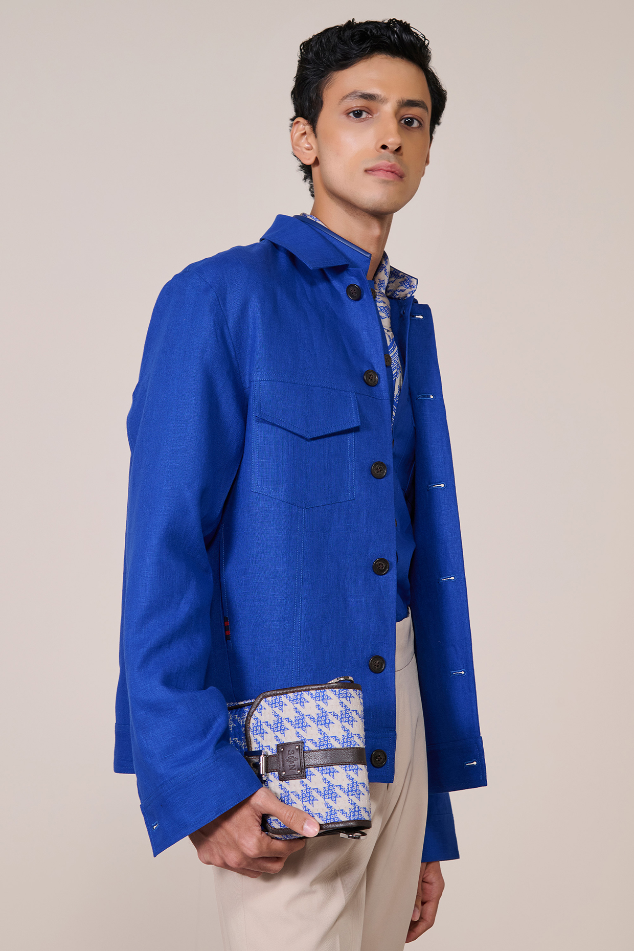 Racer Blue Rayon Linen Suiting Blend Layered Jacket by S&N by Shantnu Nikhil Men