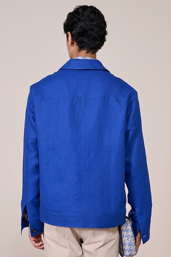 Racer Blue Rayon Linen Suiting Blend Layered Jacket by S&N by Shantnu Nikhil Men at Pernia's Pop Up Shop