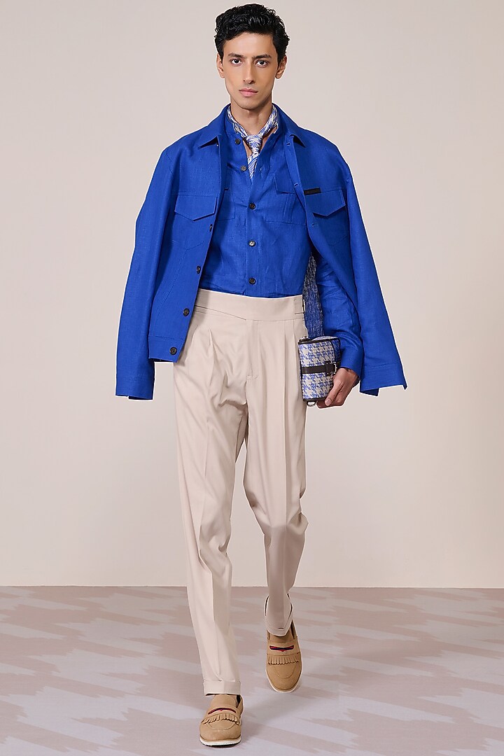 Racer Blue Rayon Linen Suiting Blend Layered Jacket by S&N by Shantnu Nikhil Men at Pernia's Pop Up Shop