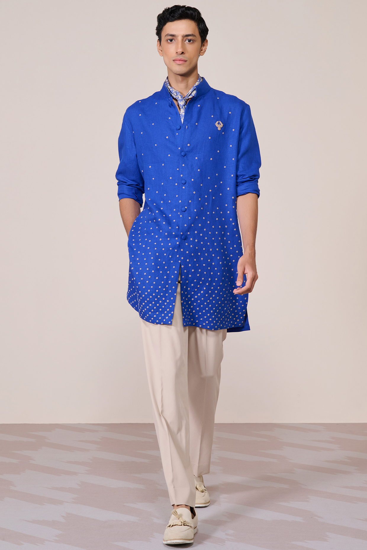 Racer Blue Rayon Linen Suiting Blend Printed Kurta by S&N by Shantnu Nikhil Men