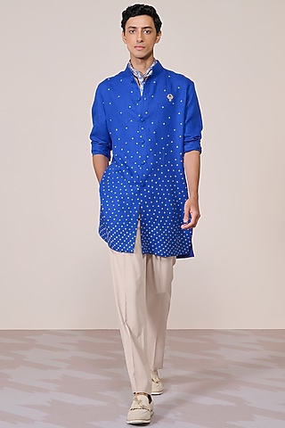 Racer Blue Rayon Linen Suiting Blend Printed Kurta by S&N by Shantnu Nikhil Men