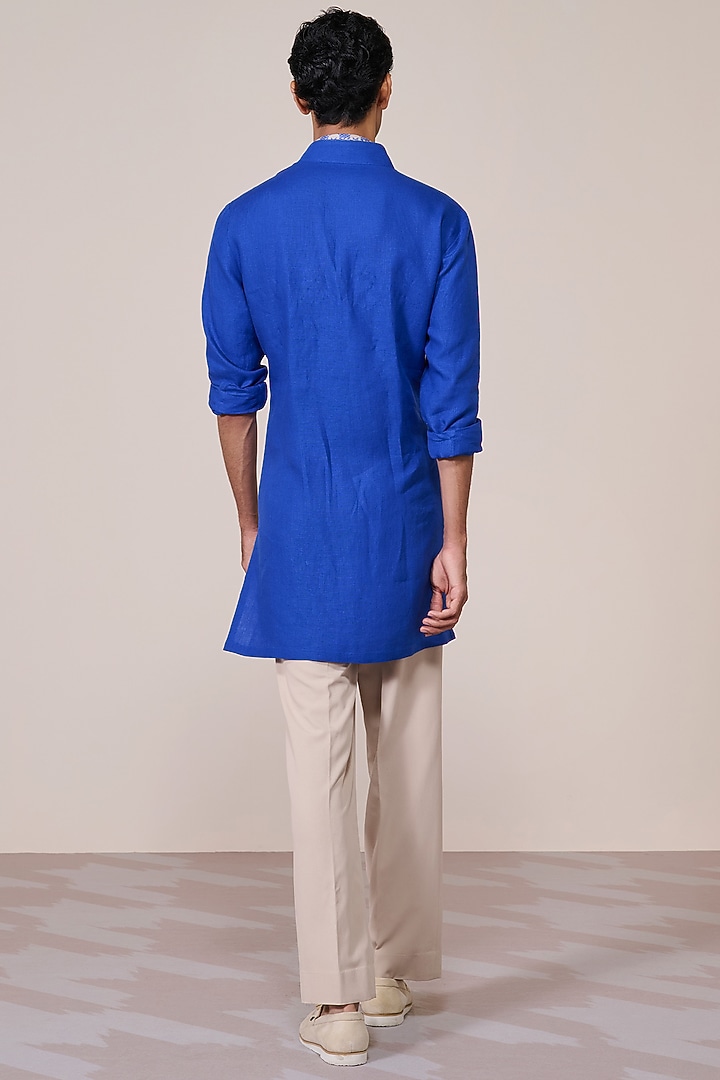 Racer Blue Rayon Linen Suiting Blend Printed Kurta by S&N by Shantnu Nikhil Men at Pernia's Pop Up Shop