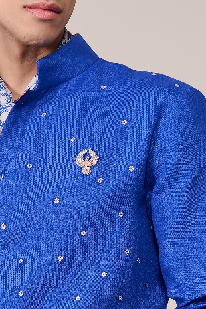 Racer Blue Rayon Linen Suiting Blend Printed Kurta by S&N by Shantnu Nikhil Men at Pernia's Pop Up Shop