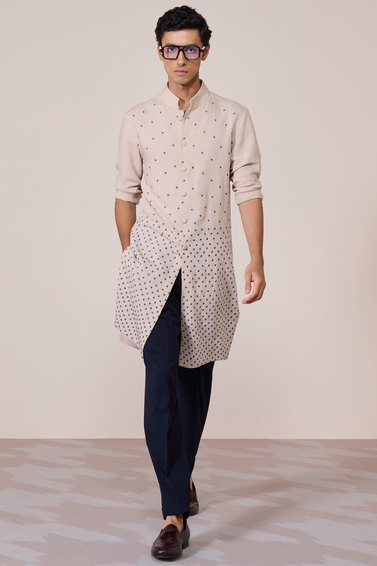 Ecru Rayon Linen Suiting Blend Printed Kurta by S&N by Shantnu Nikhil Men
