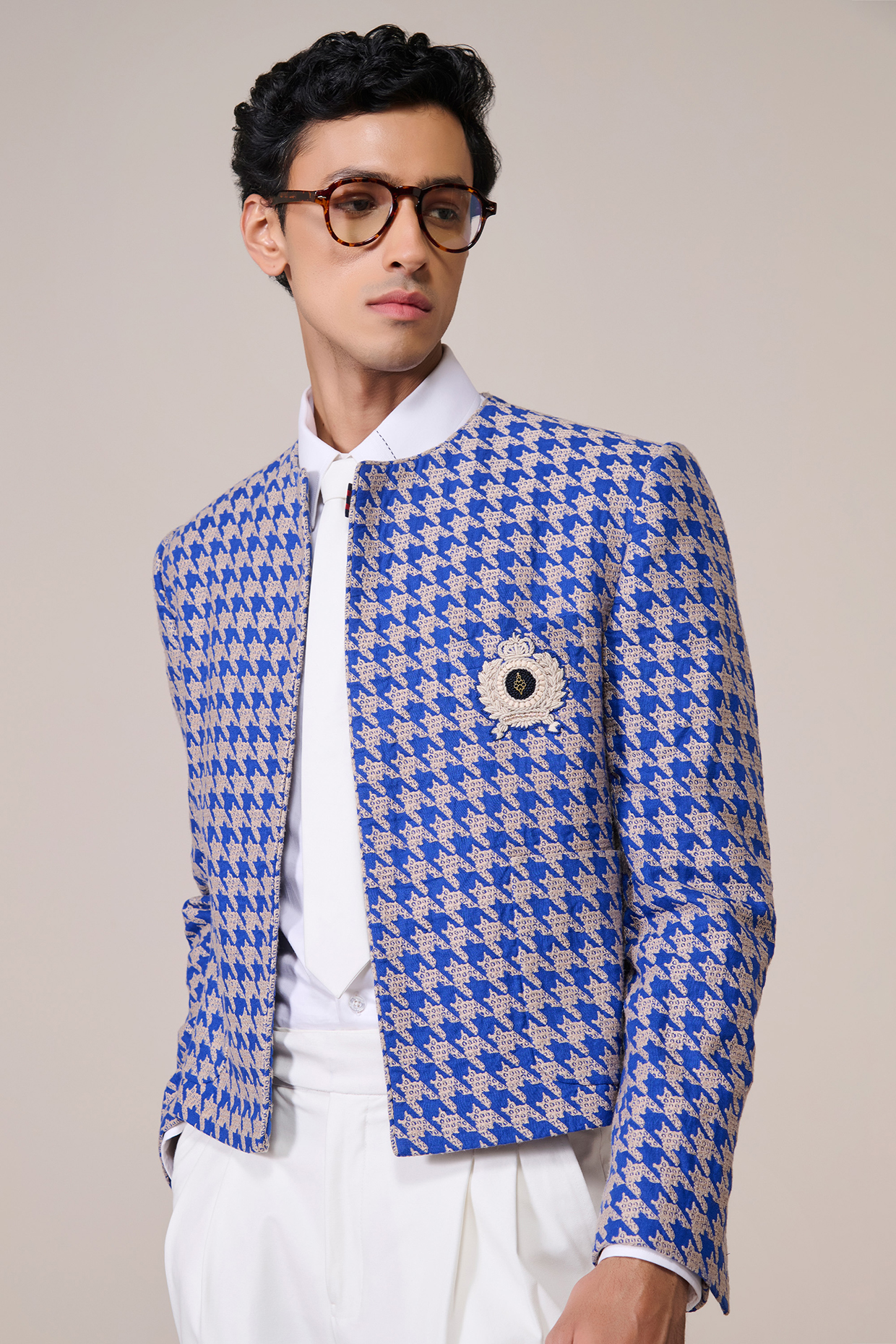 Racer Blue Rayon Suiting Blend Houndstooth Printed Waistcoat by S&N by Shantnu Nikhil Men