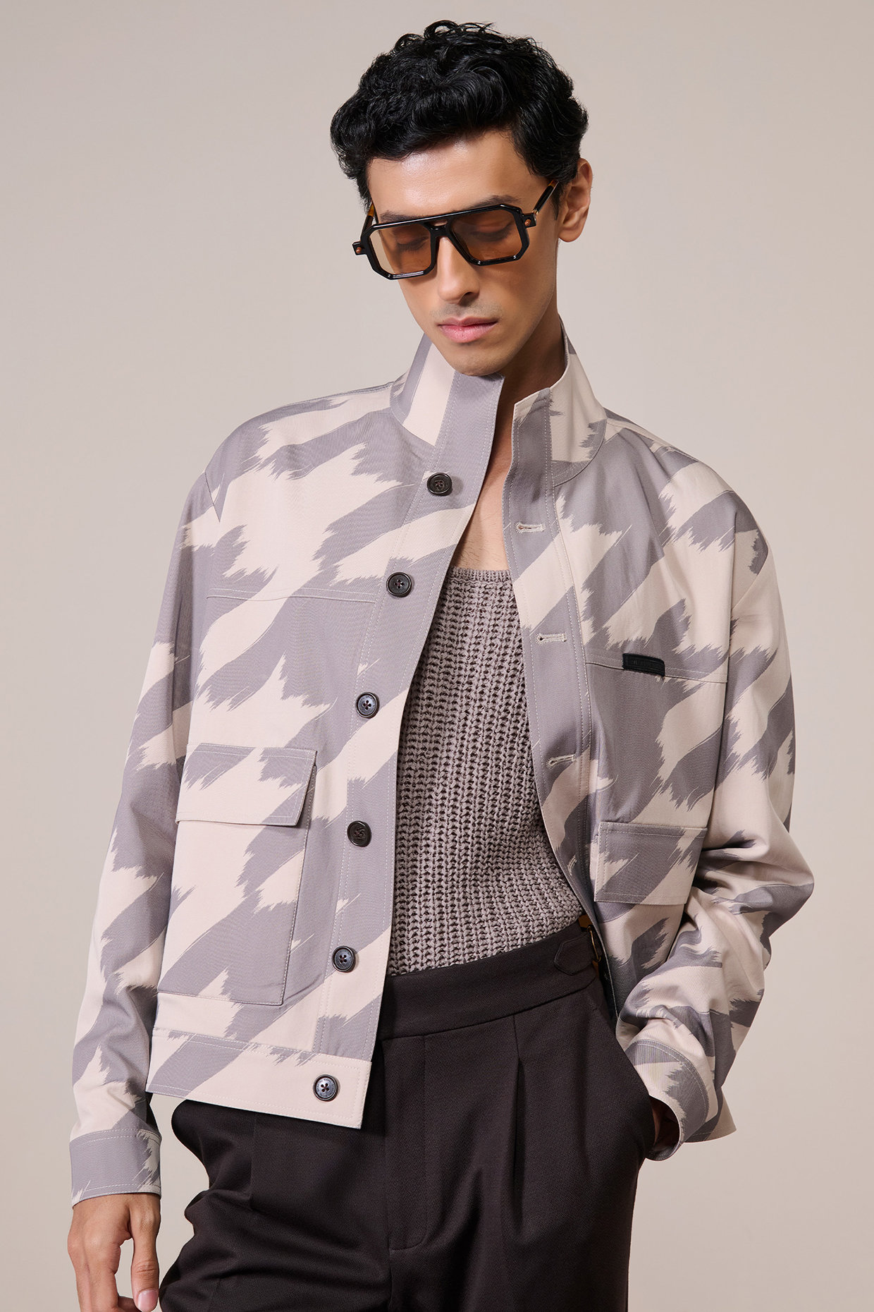 Khaki Rayon Suiting Blend Houndstooth Printed Layered Jacket by S&N by Shantnu Nikhil Men